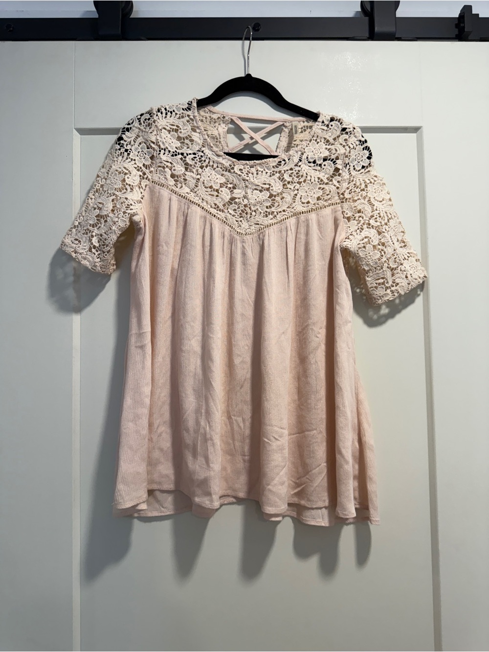 mittoshop Crochet Yoke Short Sleeve Tunic - Blush Pink